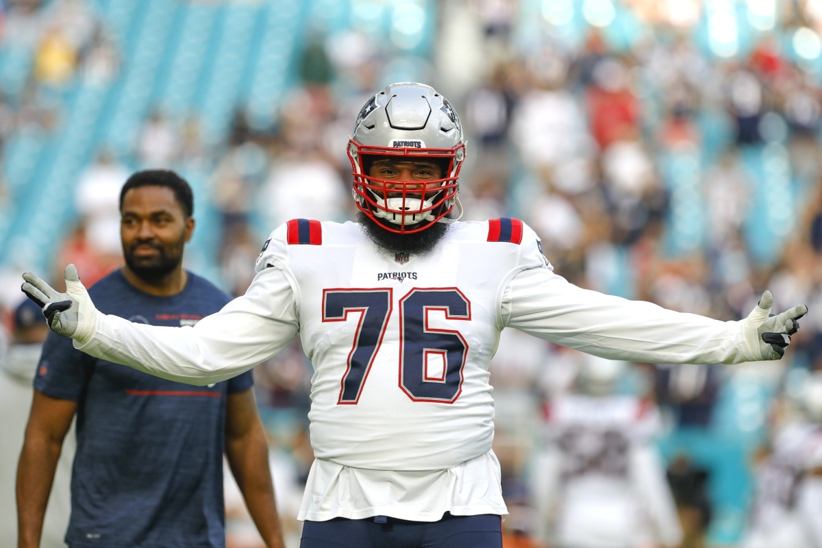 Jan 9, 2022; New England Patriots offensive tackle Isaiah Wynn (76). Mandatory Credit: Sam Navarro-USA TODAY